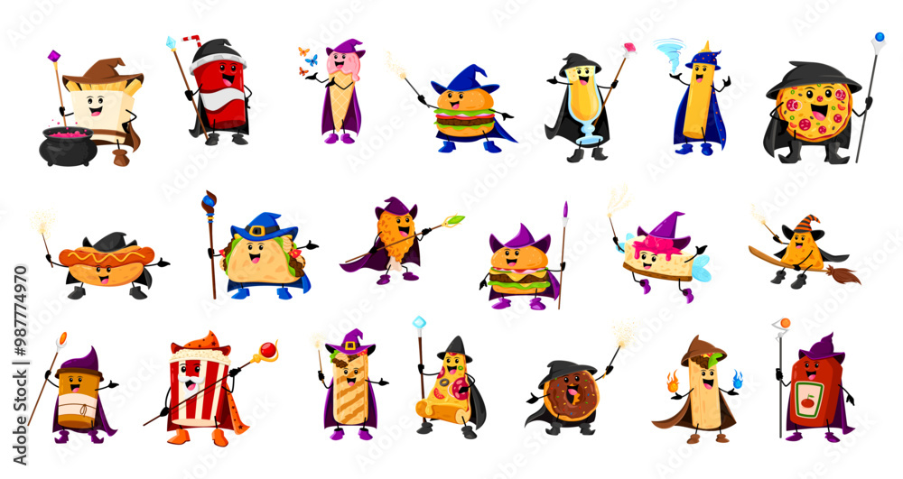 Fototapeta premium Cartoon Halloween fast food mage, wizard and witch characters. Vector french fries, cola or coffee cups, ice cream and burger. Cocktail, mustard and ketchup bottles, pizza, hotdog with popcorn, donut