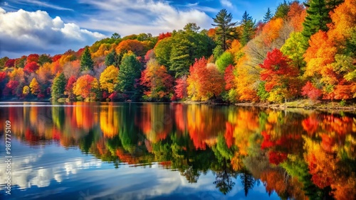 Vibrant Autumn Landscape with Colorful Foliage Reflected in Calm Lake Under Clear Blue Sky