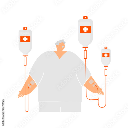 Unhealthy Elderly people with intravenous drip on isolated background.