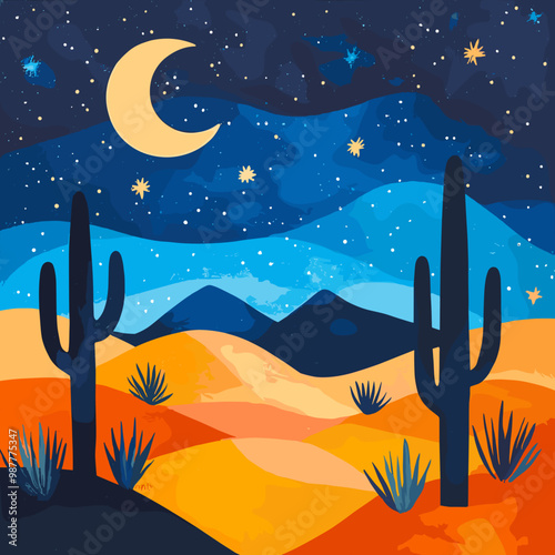 Colorful desert landscape with cacti, night sky and moon in a vibrant artistic style for concept
 photo