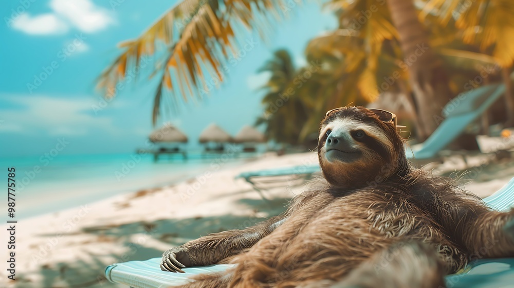 Sloth is lounging on the summer beach while on vacation at a coastal resort Sloth is lounging on the summer beach while on vacation at a coastal resort