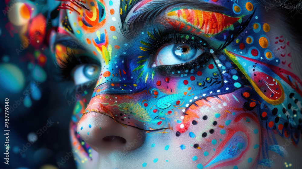 Makeup that transforms the wearer into a living, moving piece of abstract art, with patterns and colors constantly evolving Makeup that transforms the wearer into a living, moving piece of abstract art, with patterns and colors constantly evolving