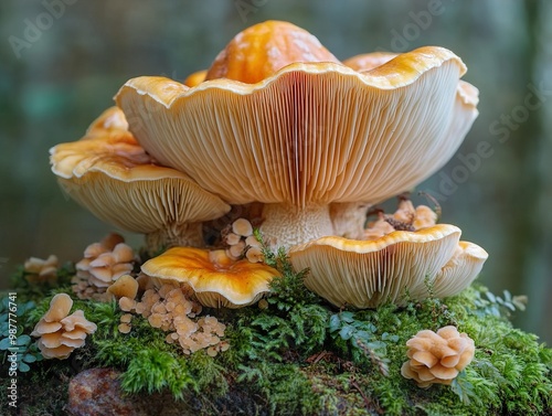 Close-Up of Delicate Golden Mushrooms on a Mossy Forest Floor