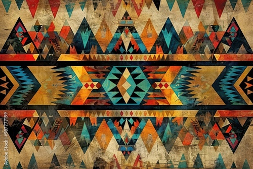 Navajo Aztec Vibrant geometric pattern featuring intricate shapes in rich colors, ideal for backgrounds, textiles, or decorative art.