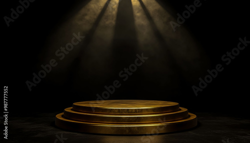 A golden ring-shaped podium is centered on a stage with a black background and a spotlight overhead. photo