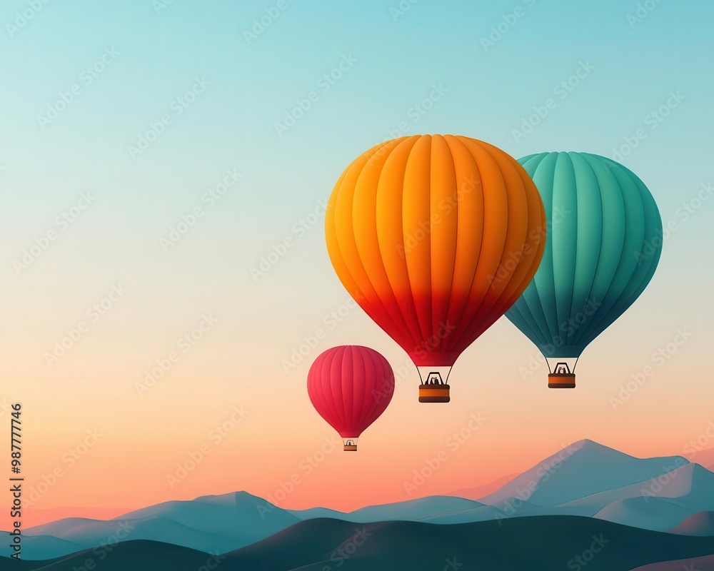 Hot air balloons hovering over a tranquil mountain plateau, surrounded by distant peaks and a clear sky Hot air balloons hovering over a tranquil mountain plateau, surrounded by distant peaks and a clear sky