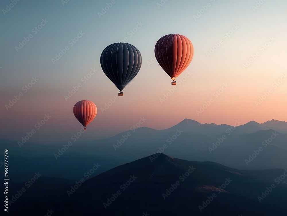 Hot air balloons drifting gently over a mountain ridge at twilight, soft colors and peaceful atmosphere Hot air balloons drifting gently over a mountain ridge at twilight, soft colors and peaceful atmosphere