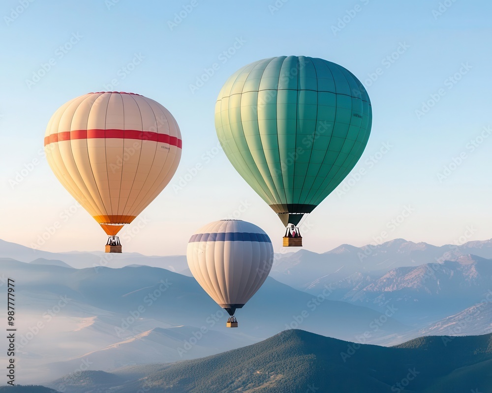 Hot air balloons drifting gently above mist-covered mountains, calm and ethereal scenery Hot air balloons drifting gently above mist-covered mountains, calm and ethereal scenery