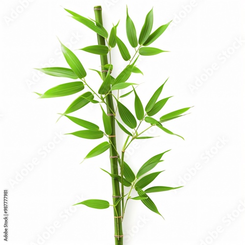 Green bamboo stalk with leaves isolated on a white background.