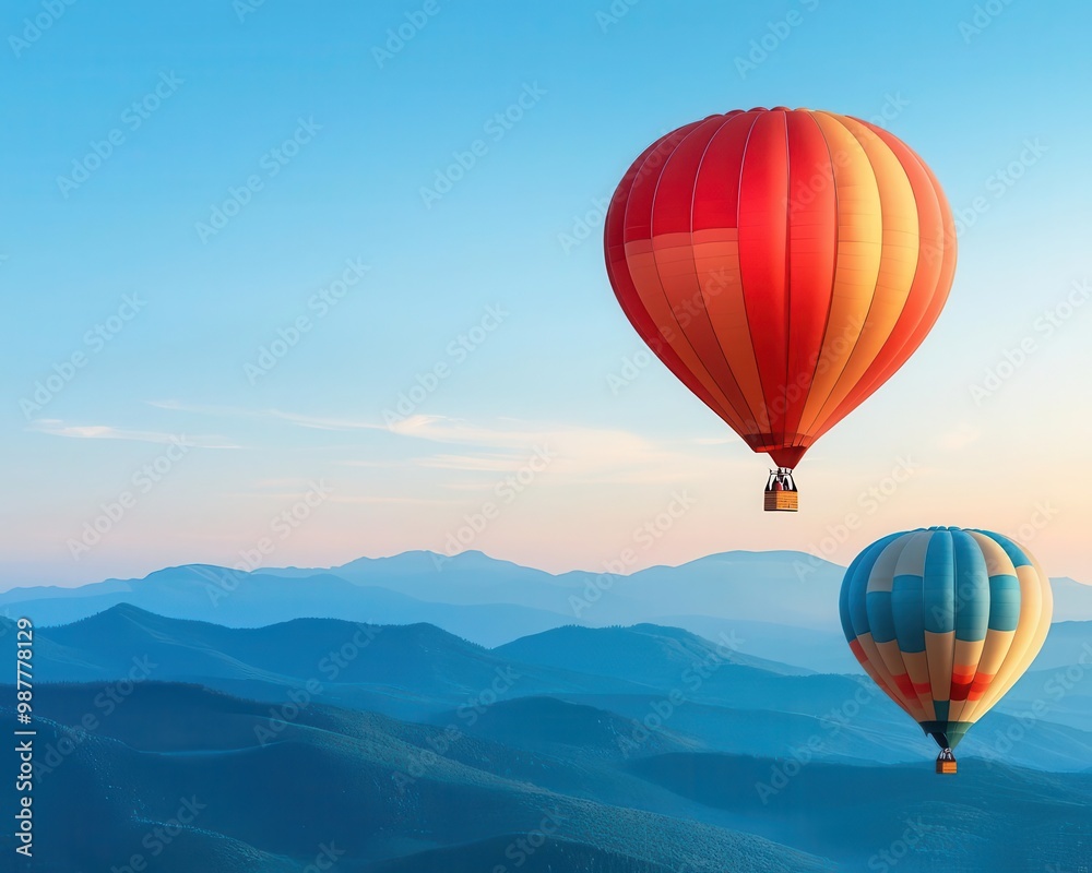 Hot air balloons floating above a peaceful mountain landscape, distant peaks touched by soft morning light Hot air balloons floating above a peaceful mountain landscape, distant peaks touched by soft morning light