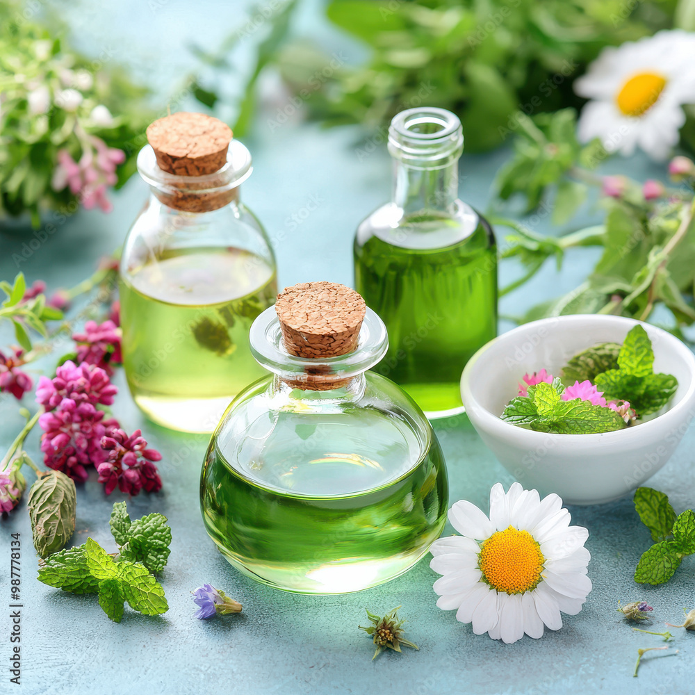 Natural essential oils and herbal extracts are beautifully displayed in glass bottles, surrounded by fresh herbs and flowers, creating serene and organic atmosphere Natural essential oils and herbal extracts are beautifully displayed in glass bottles, surrounded by fresh herbs and flowers, creating serene and organic atmosphere