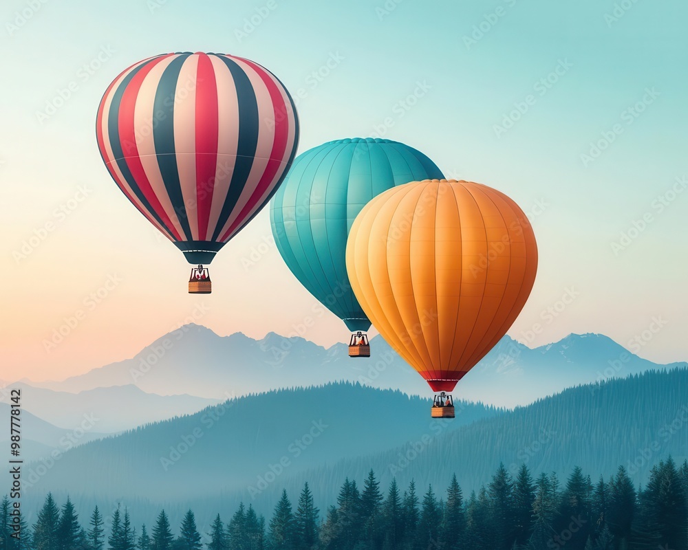 Fototapeta premium Hot air balloons drifting over a quiet mountain forest, morning mist rising, creating a peaceful and magical scene