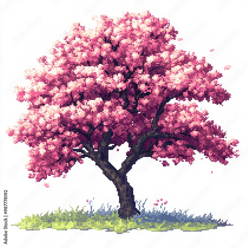 Fototapeta premium Vibrant Bloom Pixel Art Cherry Blossom Tree in Full Bloom