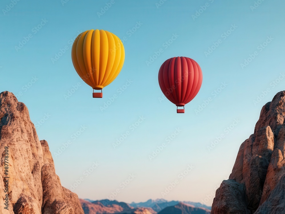 Obraz premium Balloons drifting peacefully over a canyon surrounded by towering mountains, creating a tranquil scene