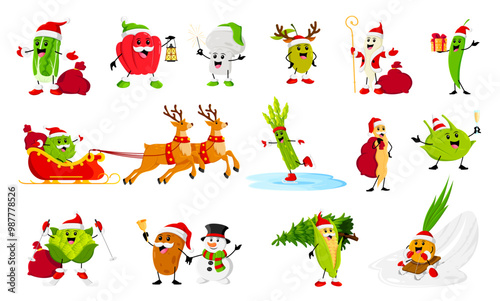 Cartoon winter Christmas vegetable characters. Vector Chinese or Romanesco cabbage, paprika, champignon and olive. Daikon, green pea, artichoke and asparagus. Soy bean pod, kohlrabi, potato and corn