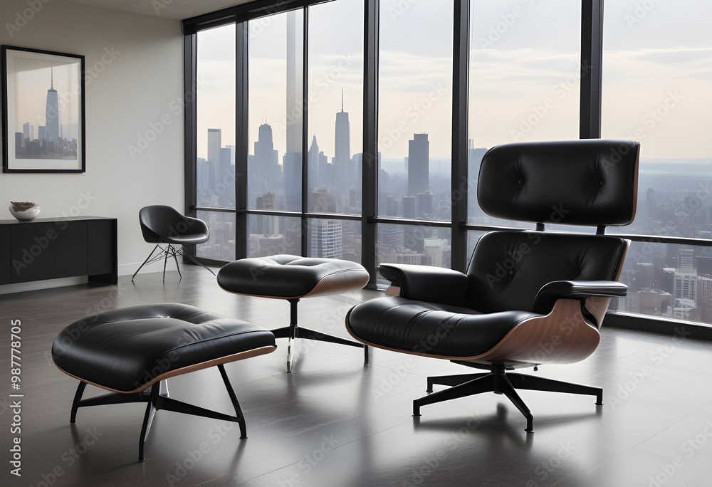 A leather lounge chair and ottoman in a modern, minimalist interior with a large window overlooking a city skyline A leather lounge chair and ottoman in a modern, minimalist interior with a large window overlooking a city skyline