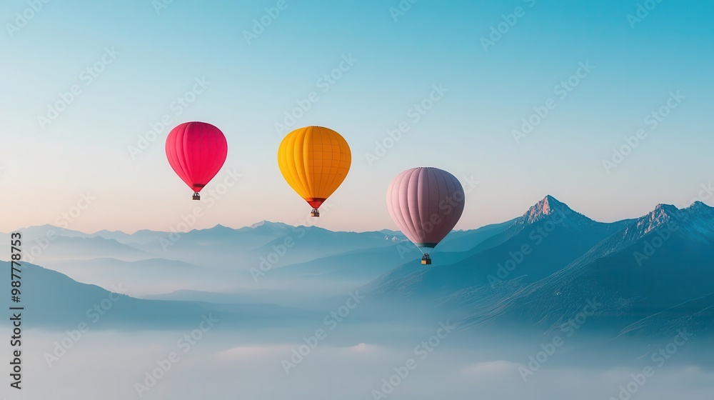 Obraz premium Balloons drifting above a foggy mountain range, only peaks visible, creating a peaceful and dreamlike scene