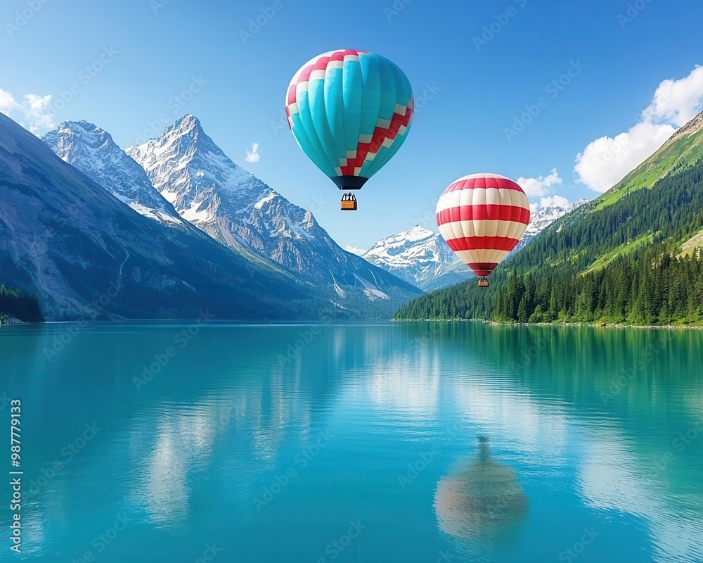 Fototapeta premium Balloons floating high above a peaceful mountain lake surrounded by pine forests, calm and serene setting