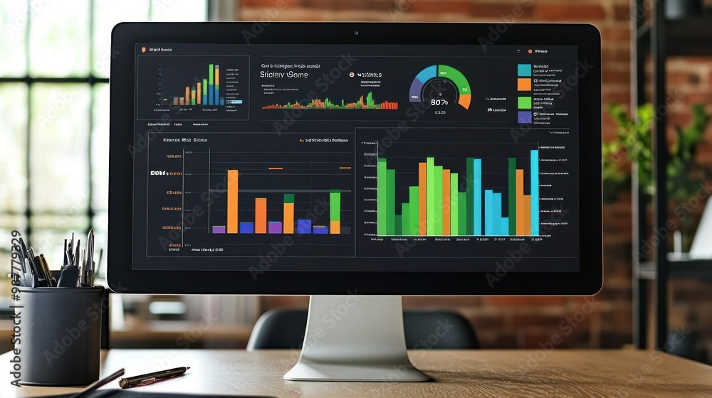 Desktop Computer Displaying Charts and Data Graphs