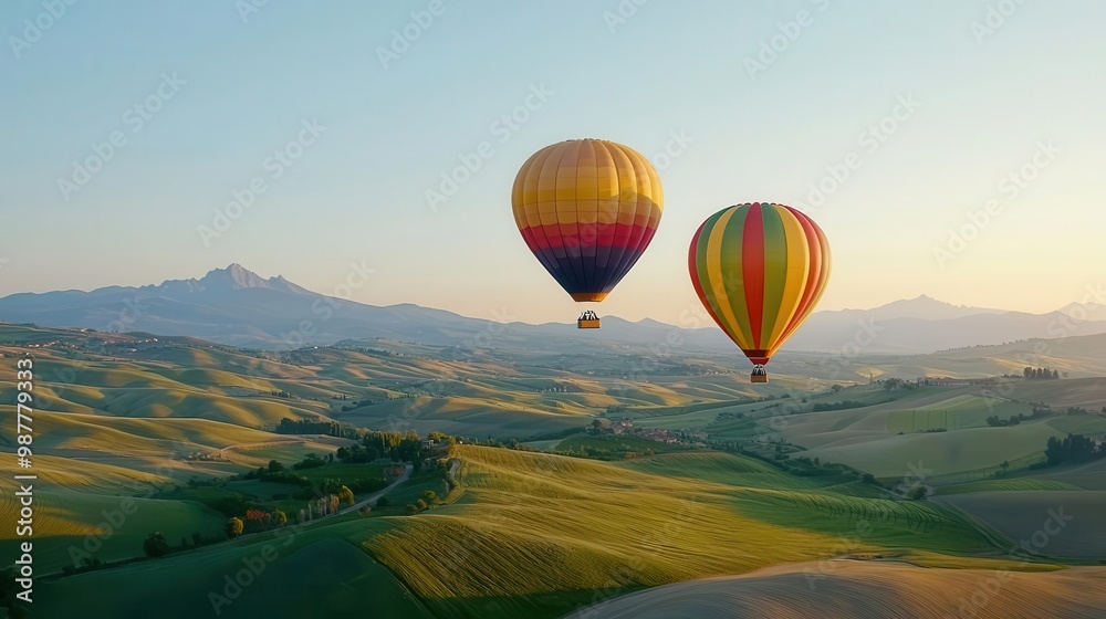 Obraz premium Balloons drifting peacefully over rolling hills and distant mountain ranges, soft light and serene mood