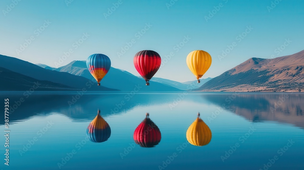 Fototapeta premium Vibrant hot air balloons floating above a calm mountain lake, reflecting in the still water, tranquil setting