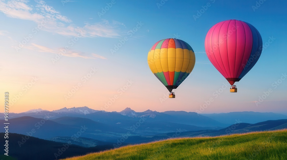 Fototapeta premium Hot air balloons drifting above a quiet alpine meadow at dawn, dew-covered grass and peaceful surroundings