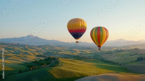 Balloons drifting peacefully over rolling hills and distant mountain ranges, soft light and serene mood