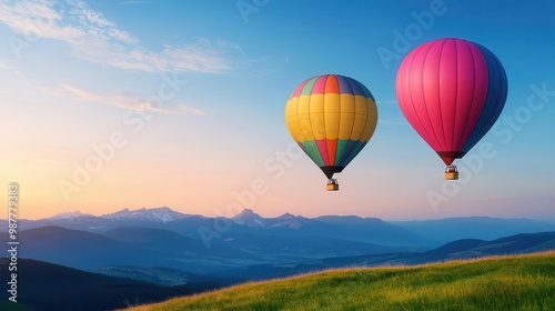 Hot air balloons drifting above a quiet alpine meadow at dawn, dew-covered grass and peaceful surroundings