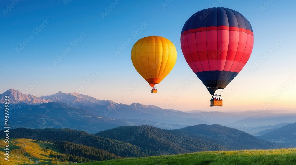 Obraz premium Hot air balloons drifting above a quiet alpine meadow at dawn, dew-covered grass and peaceful surroundings