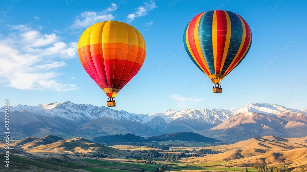 Fototapeta premium Hot air balloons gliding over rolling hills and snow-capped peaks, peaceful and expansive mountain view