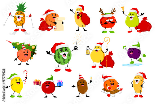 Cartoon cheerful Christmas holiday fruit characters. Christmas season or happy New Year celebration funny tropical fruits vector personages of pineapple, orange, banana and apple, guava, peach photo