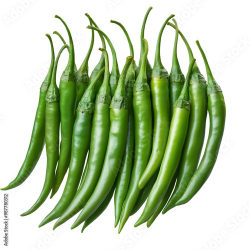 A cluster of green chilies, viewed from the front, emphasizing their stems and uniform size, isolated on a transparent background