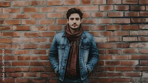 Young man in a denim jacket, blue jeans, and a scarf standing in front of a brick wall.