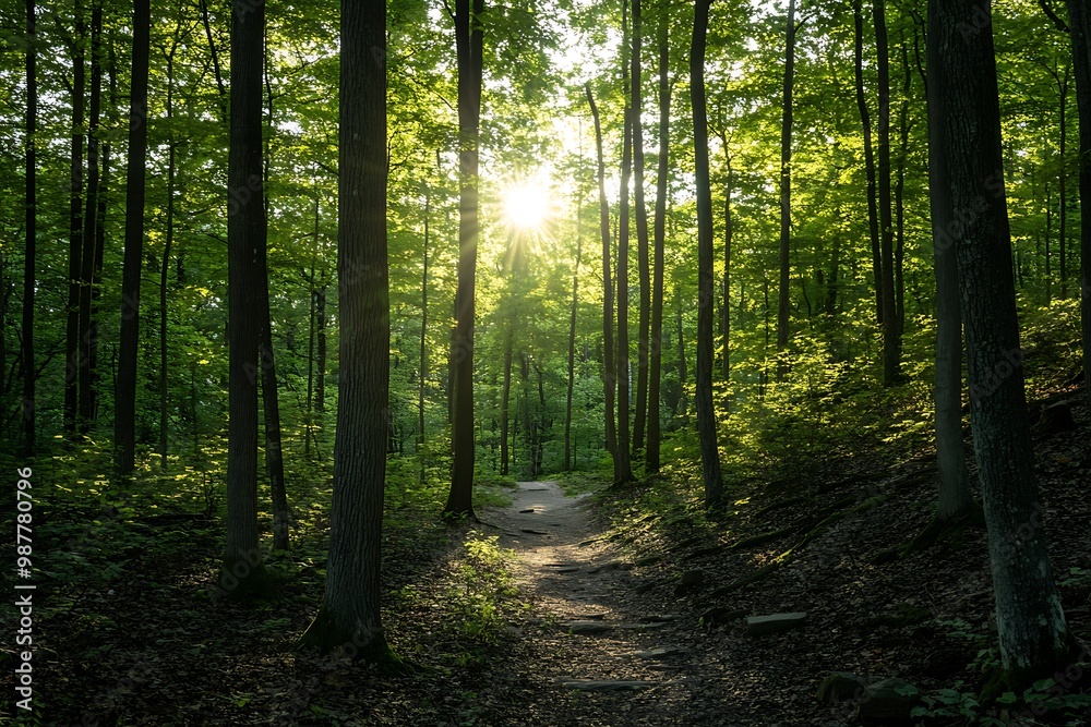 Fototapeta premium Sunbeams Through Forest Trees, Woodland Path, Nature Photography