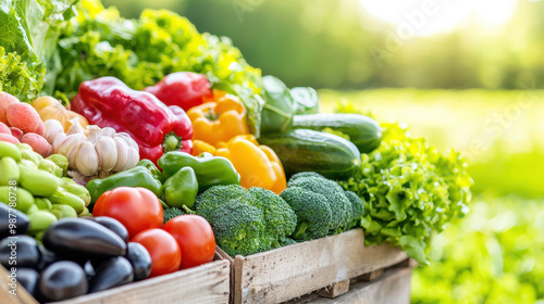 Fresh organic vegetables in wooden crates showcase vibrant colors and healthy options, perfect for pesticide free diet. lush green background enhances natural beauty of produce photo