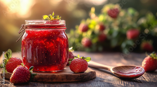 A jar of strawberry jam sits on a table surrounded by fresh strawberries and a wooden spoon, basking in the sunlight. Homemade strawberry jam in a jar with fresh berries on a wooden table.