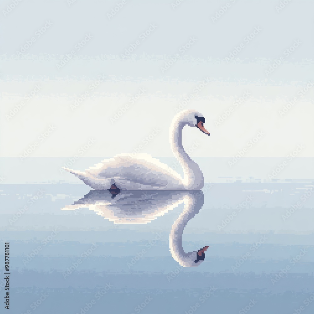 Fototapeta premium Graceful Swan Reflected on Calm Water in Serene Pixel Art