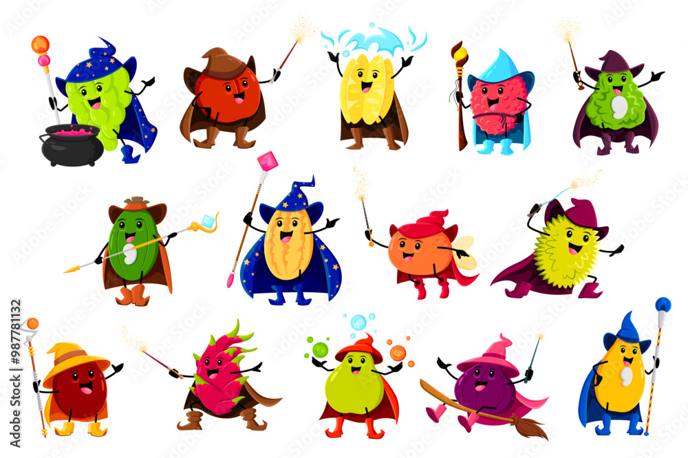 Fototapeta premium Cartoon tropical fruit mage, wizard and warlock characters. Vector lemon, grapes, apple, carambola, pear and bergamot. Feijoa, orange, mango or figs. Dragon fruit, plum or lychee, jack fruit or durian