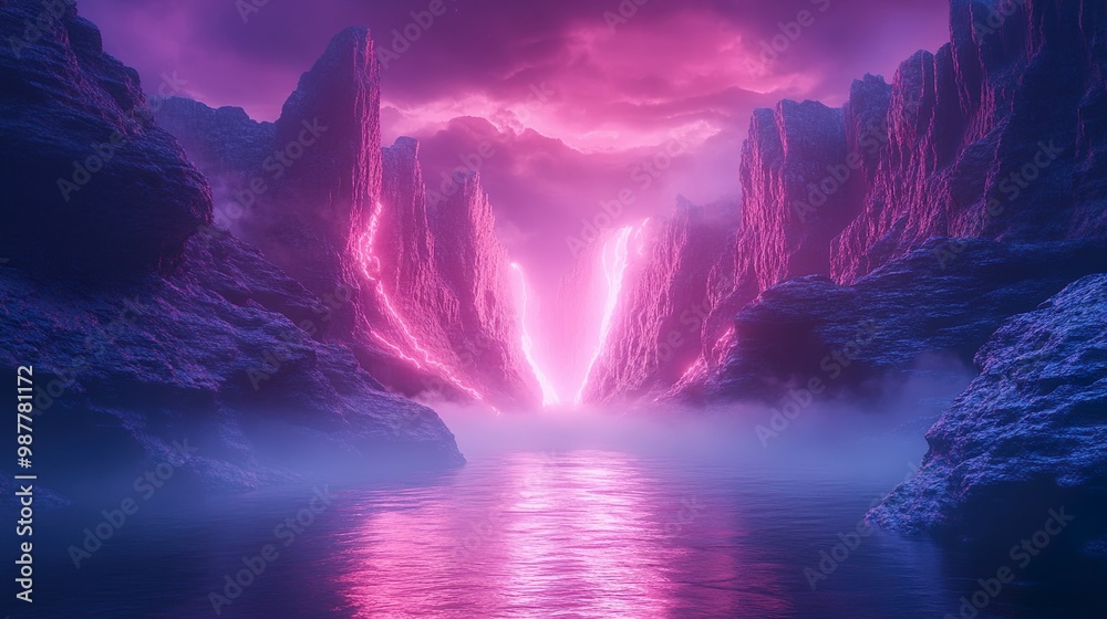 Fototapeta premium Dark mountain peaks with glowing neon auroras and vibrant design picture