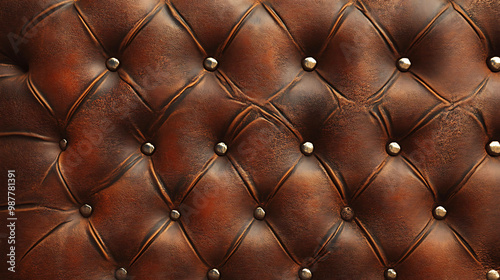 Close-up of a brown leather upholstery with diamond pattern and button detailing.