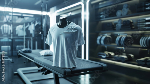 Sportswear T-shirt mockup displayed in a futuristic gym where the shirt's fabric adapts to the wearer's body, creating a perfect fit that moves with ease