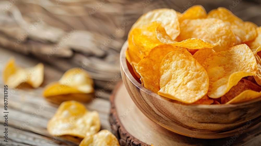Snack milk cheese potato chips in a dish with a timber backdrop Snack milk cheese potato chips in a dish with a timber backdrop