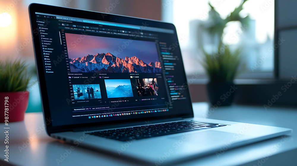 A laptop computer with a bright, open window behind it. The screen shows a video editing program with a preview of mountain scenery. A laptop computer with a bright, open window behind it. The screen shows a video editing program with a preview of mountain scenery.