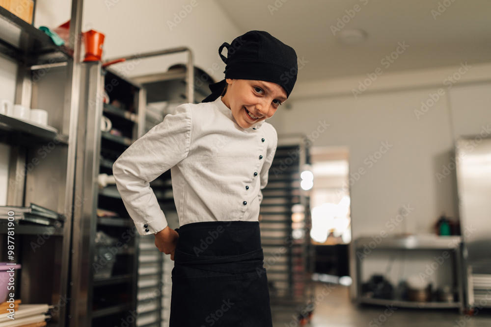 Child girl chef tying apron in professional kitchen with organized shelves Child girl chef tying apron in professional kitchen with organized shelves