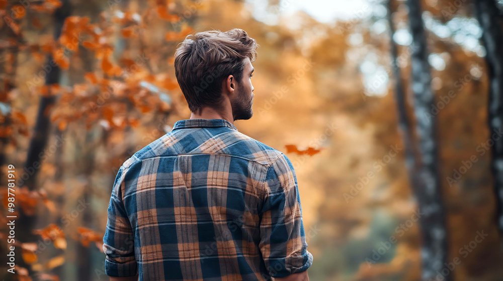 A young man in a plaid shirt standing in an autumn forest, looking out at the colorful leaves. A young man in a plaid shirt standing in an autumn forest, looking out at the colorful leaves.