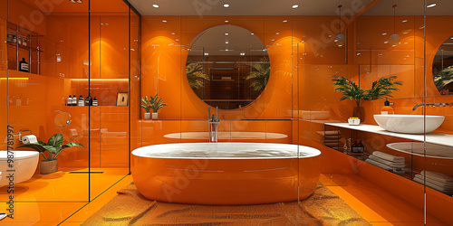 Vibrant modern bathroom in striking orange tones, featuring a freestanding tub, sleek glass walls, and a large round mirror, with minimalist decor.