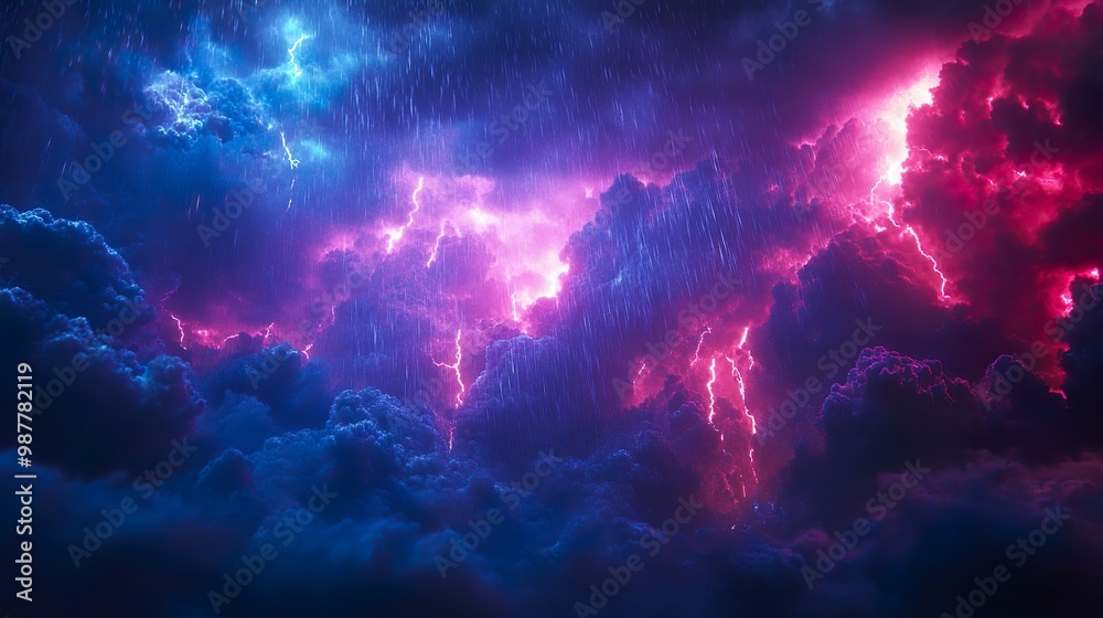 Dark mountain peaks illuminated by glowing colorful neon auroras design picture