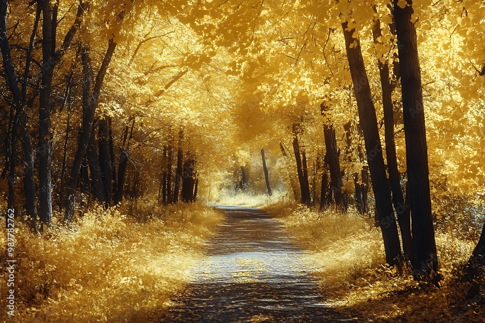 Obraz premium Sunlit path through golden autumn forest