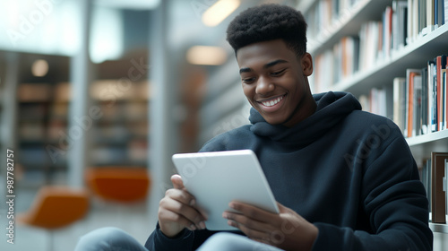 Young man sitting in a library, reading on a tablet while smiling and enjoying his time