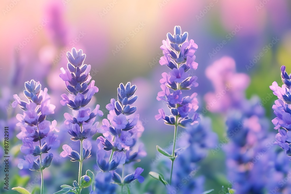Obraz premium Close up of Lavender Flowers in a field with a soft, blurred background.
